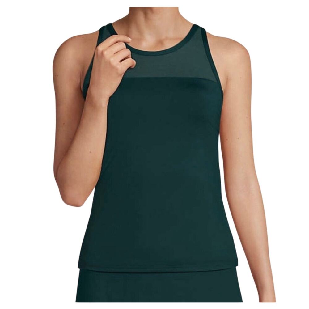 Lands' End Chlorine Resistant Green Swim Tankini Top Mesh High Neck Womens 8